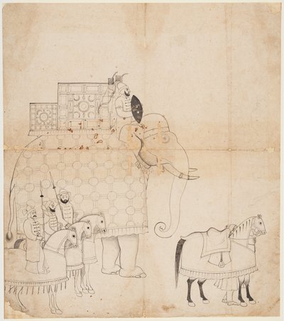Een tekening van een versierde olifant en paarden, ca. 1760 door Unbekannt