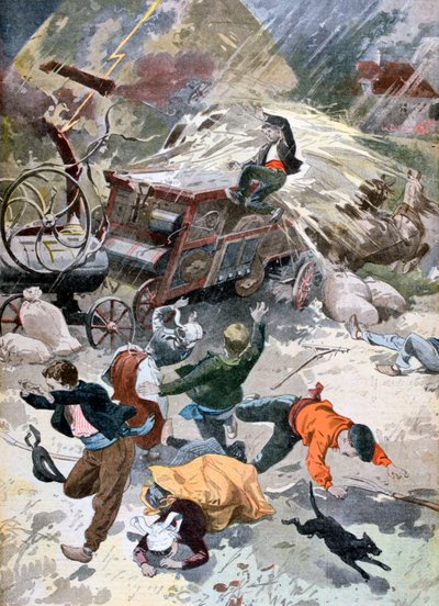Een landbouwmachine getroffen door bliksem, 1902 door Unbekannt
