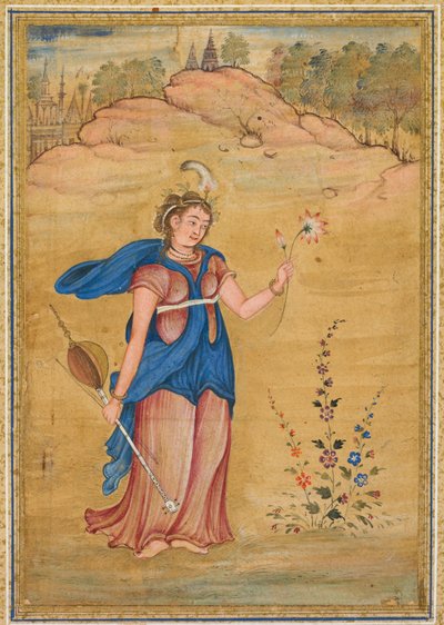 Een vrouwelijke figuur die in een landschap staat met een vier-snarige khuuchir en een lotus door Unbekannt