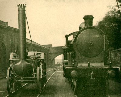 Een levensgroot model van Stephensons Rocket naast een locomotief van de George de Vijfde klasse, Londen door Unbekannt
