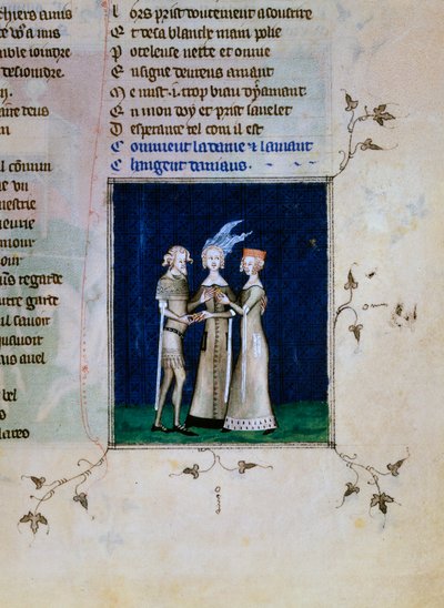 Een ridder en een dame wisselen ringen uit, ca. 1350 door Unbekannt