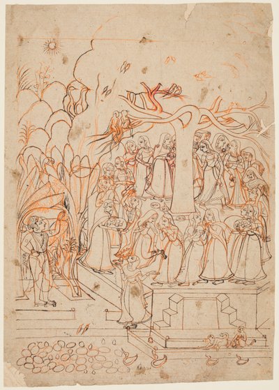 Een blad uit een Baramasa-serie: de maand Jyestha mei-juni, Krishna kijkt naar de Gopis..., ca. 1760 door Unbekannt