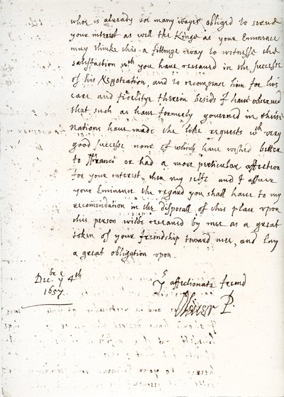Een brief van Oliver Cromwell aan kardinaal Mazarin, 4 december 1657 door Unbekannt