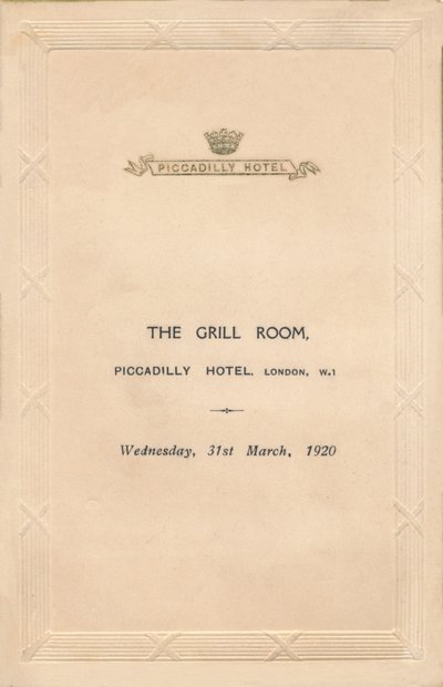 Een menu voor The Grill Room van het Piccadilly Hotel, Londen, 1920 door Unbekannt