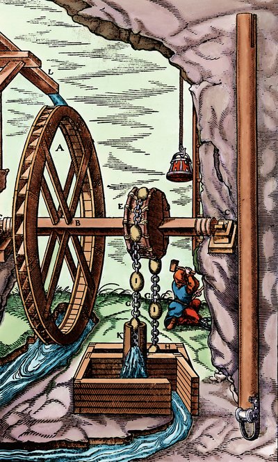 Een mijn wordt drooggelegd door een lappen- en kettingpomp aangedreven door een bovenslag watermolen, 1556 door Unbekannt