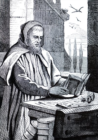 Een monnik die een manuscript verlucht door Unbekannt