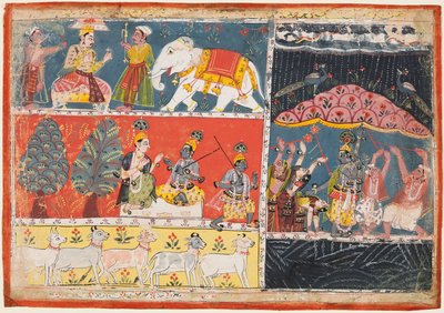 Een pagina uit de Bhagavata Purana: Indra stuurt een stortvloed van regen, Krishna heft de berg Govardhana op door Unbekannt