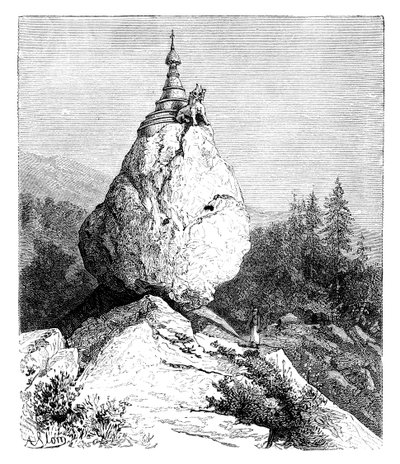Een pagode bovenop een rots, 1895 door Unbekannt