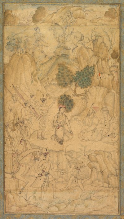 Een prins die een heilige man bezoekt in een rotsachtig landschap, ca. 1590 door Unbekannt