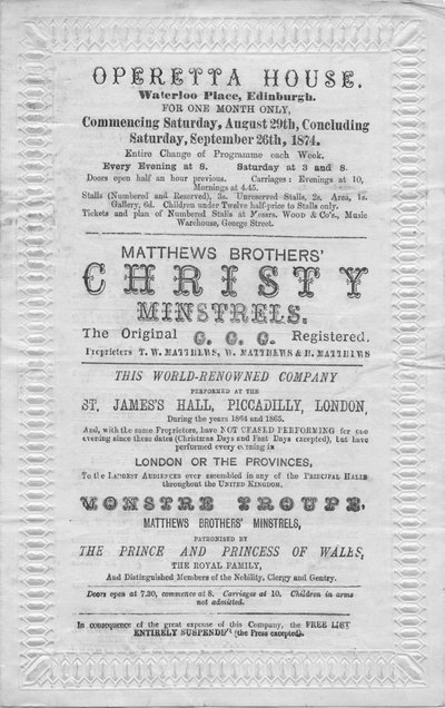 Een programma van evenementen in het Operettehuis, Waterloo Place, Edinburgh, 1874 door Unbekannt