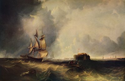 Een schip en mannen in een roeiboot bij Calais door Unbekannt