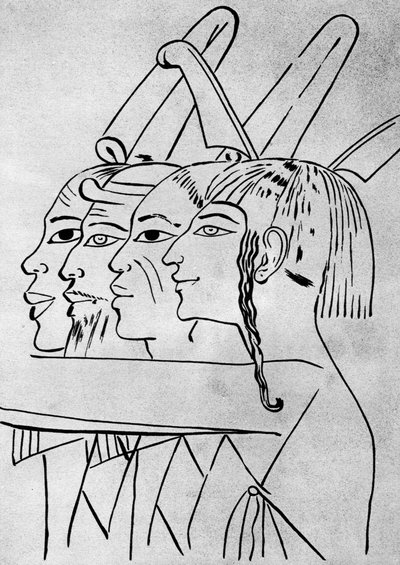 Een schets van Afrikaanse en Aziatische mannen uit het graf van Koning Seti I, Thebe, Egypte, 1936 door Unbekannt
