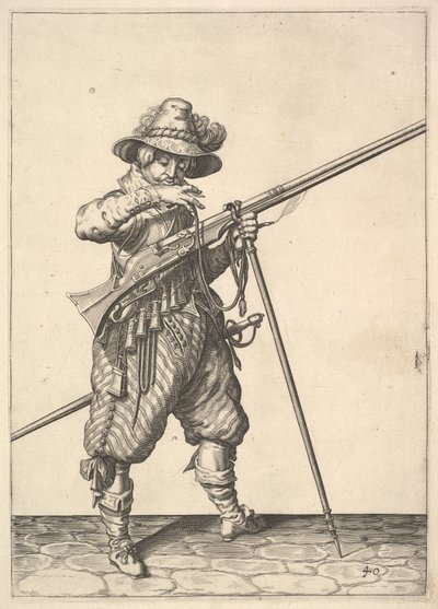 Een soldaat die op een lucifer blaast, uit de serie Musketiers, plaat 40, in Wapenhandelinghe van Ro... door Unbekannt