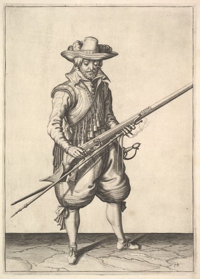 Een soldaat die het kruit van de bovenkant van de pan schudt, uit de Musketiers-serie, plaat 19 door Unbekannt