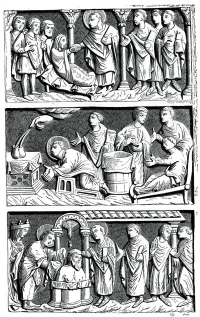 Een drieluik van het genezende werk van St. Remy, bisschop van Reims, 11e eeuw door Unbekannt