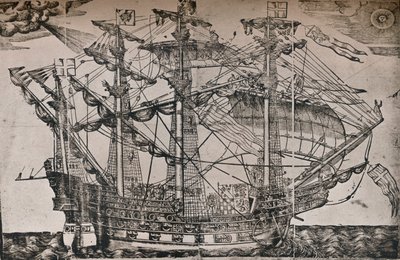 Een houtsnede van een schip dat vermoedelijk de Ark Royal is, c1587 door Unbekannt