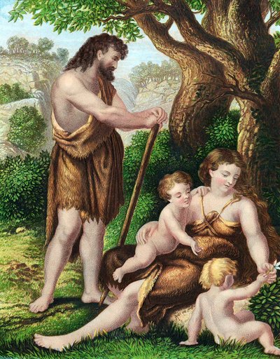 Adam en Eva met hun zonen, Kaïn en Abel, rustend in de wildernis, ca. 1860 door Unbekannt