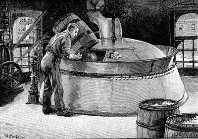 Hop toevoegen aan kokend bier in een Amerikaanse brouwerij, 1885 door Unbekannt