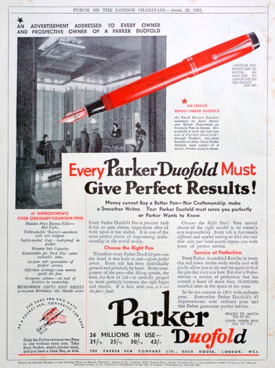 Advertentie voor Parker-pennen, 1931 door Unbekannt