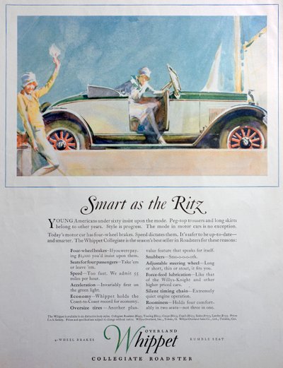 Advertentie voor de Overland Whippet Collegiate Roadster auto door Unbekannt