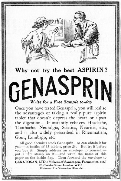 Advertentie voor Genasprin, een merk van het medicijn Aspirine door Unbekannt