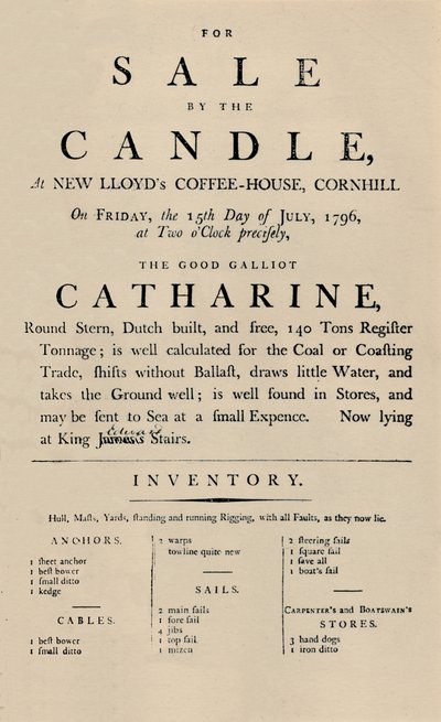 Advertentie van Verkoop bij Kaarslicht bij Lloyds, 1796 door Unbekannt