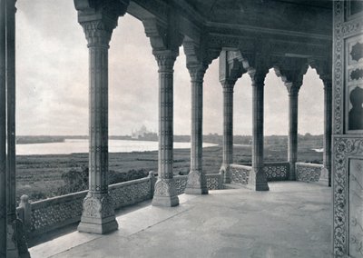 Agra. Balkon van de Jasmijntoren, met uitzicht op de Taj, ca. 1910 door Unbekannt