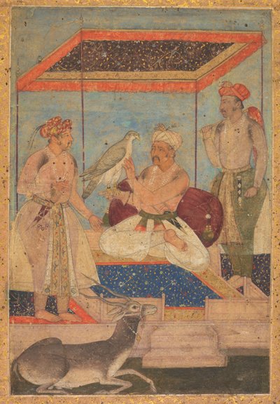 Akbar en Jahangir onderzoeken een Ghir-valk terwijl prins Khusrau achter hen staat, ca. 1602-1604 door Unbekannt