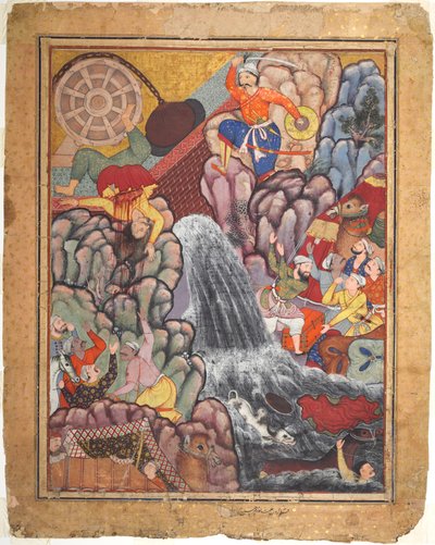 Alamshah die de ketting van het wiel doorklieft, uit volume 11 van een Hamza-nama..., ca. 1560s - 1570 door Unbekannt