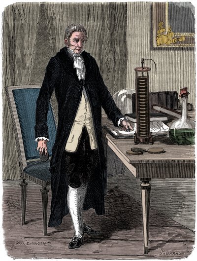 Alessandro Volta, Italiaanse natuurkundige, demonstreert zijn elektrische batterij, c1800 c1870 door Unbekannt
