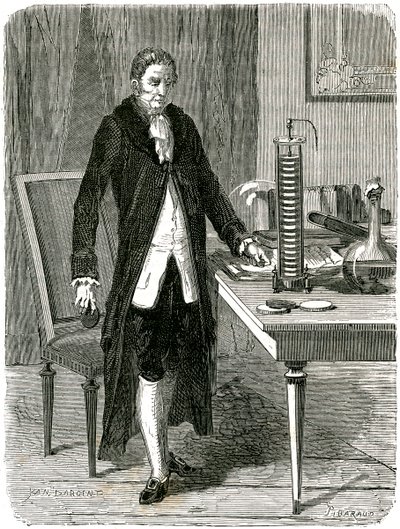 Alessandro Volta, Italiaanse natuurkundige, demonstreert zijn elektrische stapelbatterij, ca 1800 ca 1870 door Unbekannt