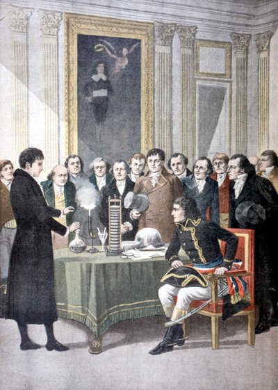 Alessandro Volta, demonstreert zijn stapel batterij aan Napoleon, ca. 1800 1901 door Unbekannt