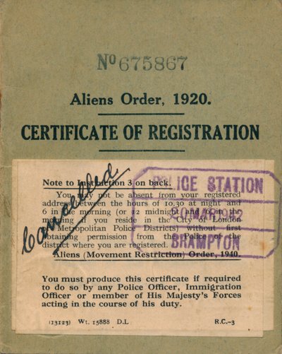 Aliens Order, Registratiecertificaat, 1920 door Unbekannt
