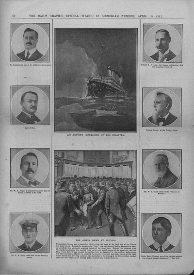 Een Artistieke Impressie van de Ramp en Het Verschrikkelijke Nieuws bij Lloyds, 20 april 1912 door Unbekannt