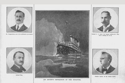 Een artistieke impressie van de ramp, en portretten van betrokken personen, 20 april 1912 door Unbekannt