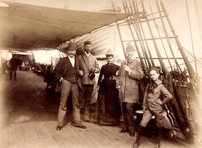 Aan boord van de Fulda, met D. Blottnitz, Frau Dr. Hildebrand Koch, Kirchner, en Wilh. Mallinkrodt die de Atlantische Oceaan oversteken aan boord van de stoomboot Fulda door Unbekannt
