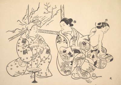 Een Oiran zittend in een salon past de vuurbehandeling toe op de ontblote rug van een andere vrouw door Unbekannt