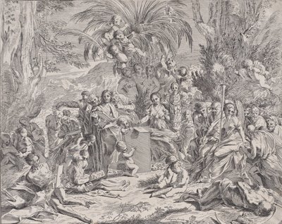 Een allegorie van schilderen, die als kind in het midden links op een tablet tekent, omringd..., 1650-1700 door Unbekannt