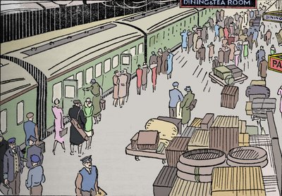 Een illustratie van een treinstation uit de jaren 1930, 1937 door Unbekannt