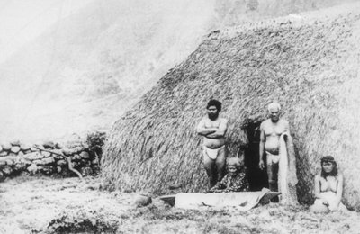Een oude vrouw die tapa slaat voor een pili gras huis, Kalaupapa, Hawaï, 19e eeuw door Unbekannt