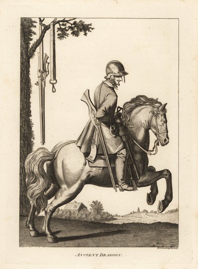 Oude dragonder te paard met helm, musket en kruithoorn door Unbekannt