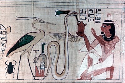 Oude Egyptische papyrus van de dood knielend voor een slang door Unbekannt