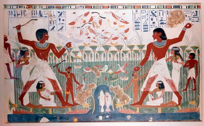 Oude Egyptenaren jagen op watervogels met werpstokken door Unbekannt