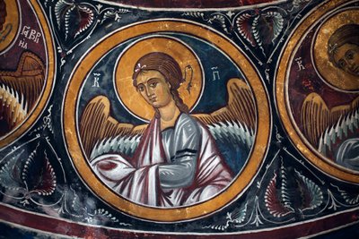 Engelmedaillon rond Christus en het Laatste Oordeel (detail) van de Byzantijnse fresco uit het Narthex gewelf van de kerk van Asinou. Laatste oordeelscène 14e eeuw (1332) UNESCO, werelderfgoed Troodos regio, Cyprus door Unbekannt