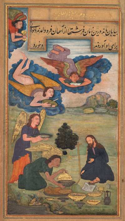 Engelen brengen voedsel naar Jezus in de wildernis, uit een Mirat al-quds van Vader Jerome Xavier, 1602 door Unbekannt