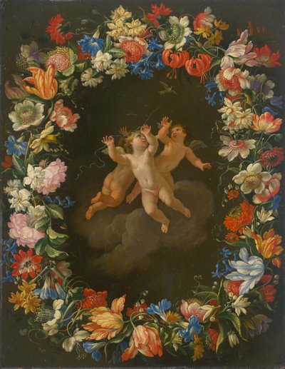 Engelen in een bloemenkrans II door Unbekannt