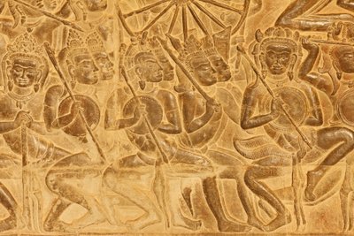 Angkor Wat, detail van reliëfsculptuur van de Slag bij Kurukshetra, Siem Reap, Cambodja door Unbekannt
