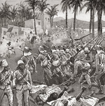 Anglo-Egyptische troepen bestormen het dorp Ferkeh tijdens de Slag bij Ferkeh of Firket, 7 juni 1896, tijdens de Mahdistenoorlog door Unbekannt