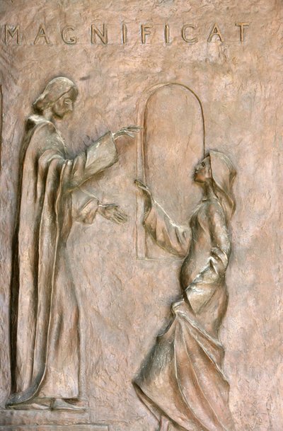 Aankondigingsbasiliek deursculptuur: het Bezoek (Maria en Elizabeth), Nazareth, Israël door Unbekannt