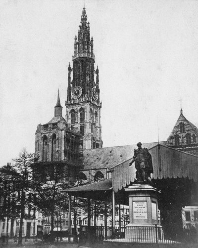 Kathedraal van Antwerpen en standbeeld van de kunstenaar Peter Paul Rubens, België, 1867 door Unbekannt